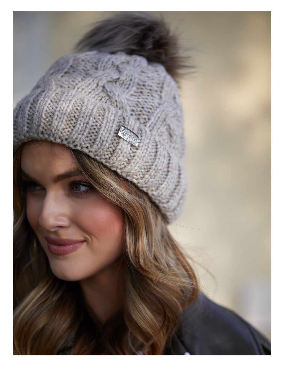 Winter hat with a shimmering thread in braids, beige C49 - Online store - Boutique